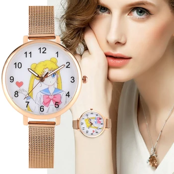 Ženske analogni kvarcni sat Nice Sailor Moon Pattern Dial satovi za žene plemenita remen od ružičastog zlata ručni sat