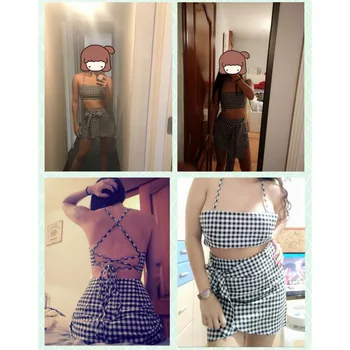 Moda ženska šahovska ploča 2 kom set Bodycon suknja crop top s ramena tenk ljeto iz dva dijela skup бандж amrelčina mini suknja