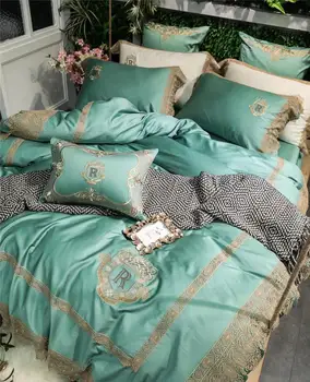 J J zelena bijela luksuzni 80-ih pamuk kraljevsko zlato čipke vez komplet posteljinu deka posteljina krevetu jastučnice 4/7 kom.