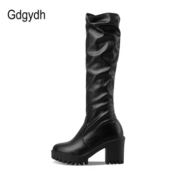 Gdgydh News 2020 Women Lace-up u koljena-High Boots cijele čarapa platforma kvadratnom peta ženske moto čizme meka ženska obuća