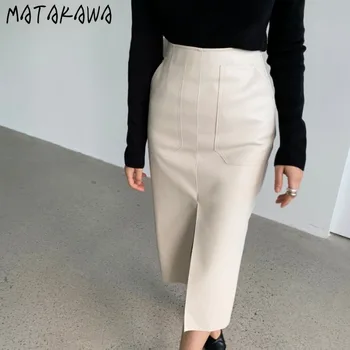MATAKAWA Temperament Slit Bodycon Woman suknje 2020 ženske jesenje i zimske duge suknje umjetna koža suknja s visokim strukom