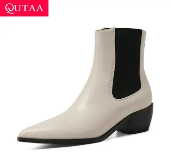 QUTAA 2021 oštar nos čizme umjetna koža klizi na ženske cipele Jesen Zima kvadratnom sve peta Utakmica kratke čizme velike veličine 34-43