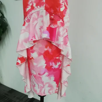 Pink cvjetni print uzburkati donje elegantna haljina dugih rukava haljine za zabave, ured Lady Seksi asimetrični midi Vestidos plus size XXL