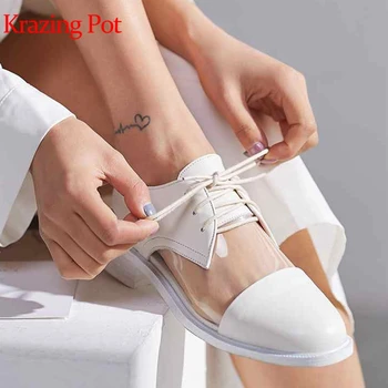 Krazing lonac novi prirodna koža prozirne čipke vjenčanje žele cipele sweety cijele čarapa žene debeli niske štikle pumpe L02