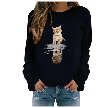 2020 Jesen Zima O-Izrez Veste Ženski Svakodnevne Vrhovima Dame Slatka Mačka Ispis Bluza Tee Moda Casual Odjeća