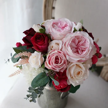 JaneVini 2021 Vintage Svadbeni Buketi Ručni Rad Kesten Ružičasti Cvjetovi Umjetne Svile Ruže Europski Stil Lažni Buket Ramo De Novia