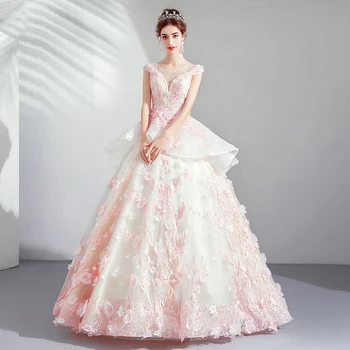 Vestidos de 15 Quinceanera haljine boje slonovače roza čipka aplicirano cvijet loptu haljina Cap rukava perle Crystal uzburkati robe de bal haljina
