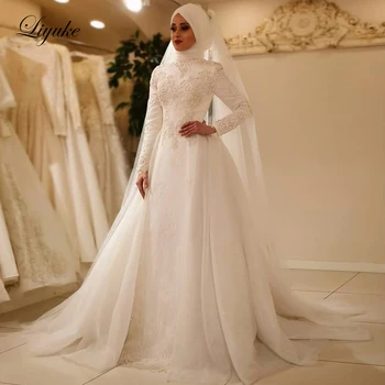 Liyuke Vestido De Noiva 2019 Elegantan Dugi Rukav O Izrez Muslimanske Vjenčanice Tila Munja Pre Čipke Islamske Vjenčanica