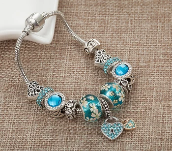 VIOVIA Heart Pendant Charm Bracelet for Women Blue Crystal Beads Bracelets B16071