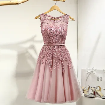 Koktel haljina malo primjena rubnih pink vjenčanje večernje haljine i cvijeće iluzija dužine do koljena žene večernje haljine 2019 LX073-2