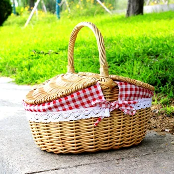 Pruća košara za piknik u seoskom stilu, košara za piknik s poklopcem i ručkom i umetcima za izlascima, zabavama i oprema za roštilj