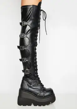 Karinluna kvalitetne ženske cipele klinove i moto čizme platforma cijele čarapa čipke Up Буклес Zip Over-the-u koljena klinovi štikle