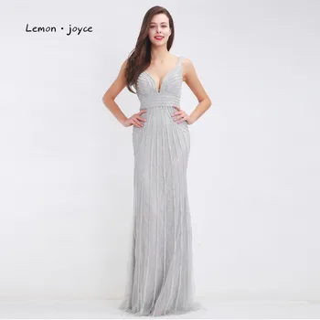 Lemon joyce formalno siva večernje haljine duge 2020 Seksi duboki V-izrez naslon elegantne duge večernje maturalne haljine plus veličine