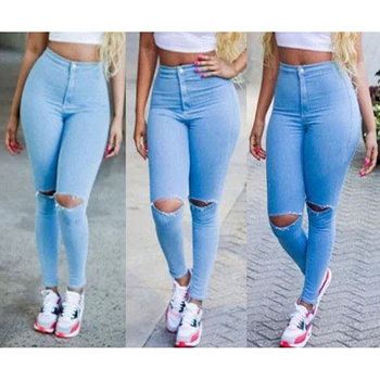 2021 Moda Duge Hlače Olovka Žene Seksi Traperice Uske Hlače S Visokim Strukom Protežu Slomljena Rupe Jeans Hlače S Patentnim Zatvaračem