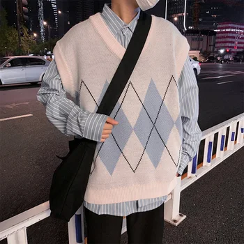 Prsluk muški Argyle V-izrez novost plus size jesen novi modni korejski modni odjeća Muška prsluk svakodnevni rukava jakne soft